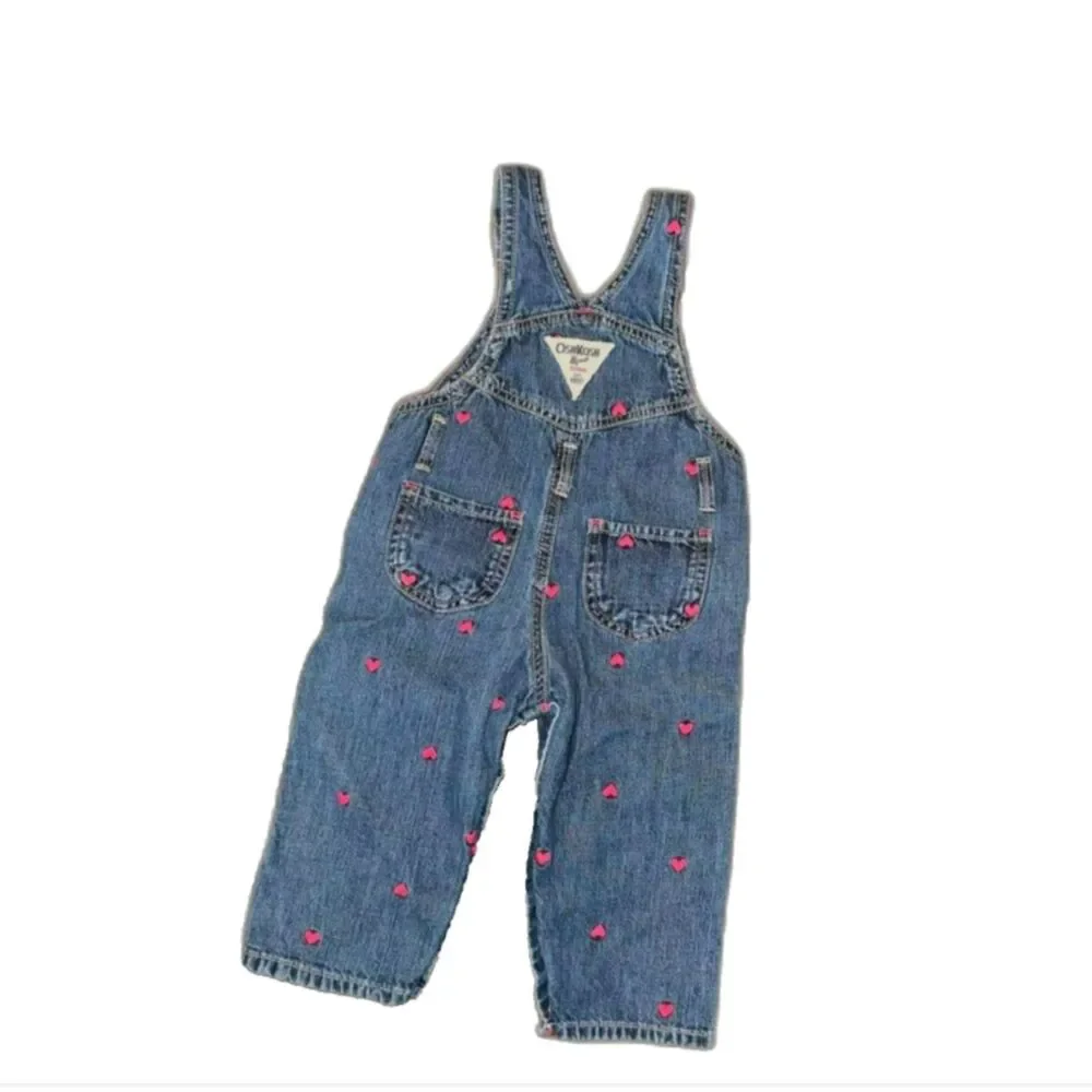 OshKosh Embroidered Heart Denim Vestbak Overalls Sz 12 Months
